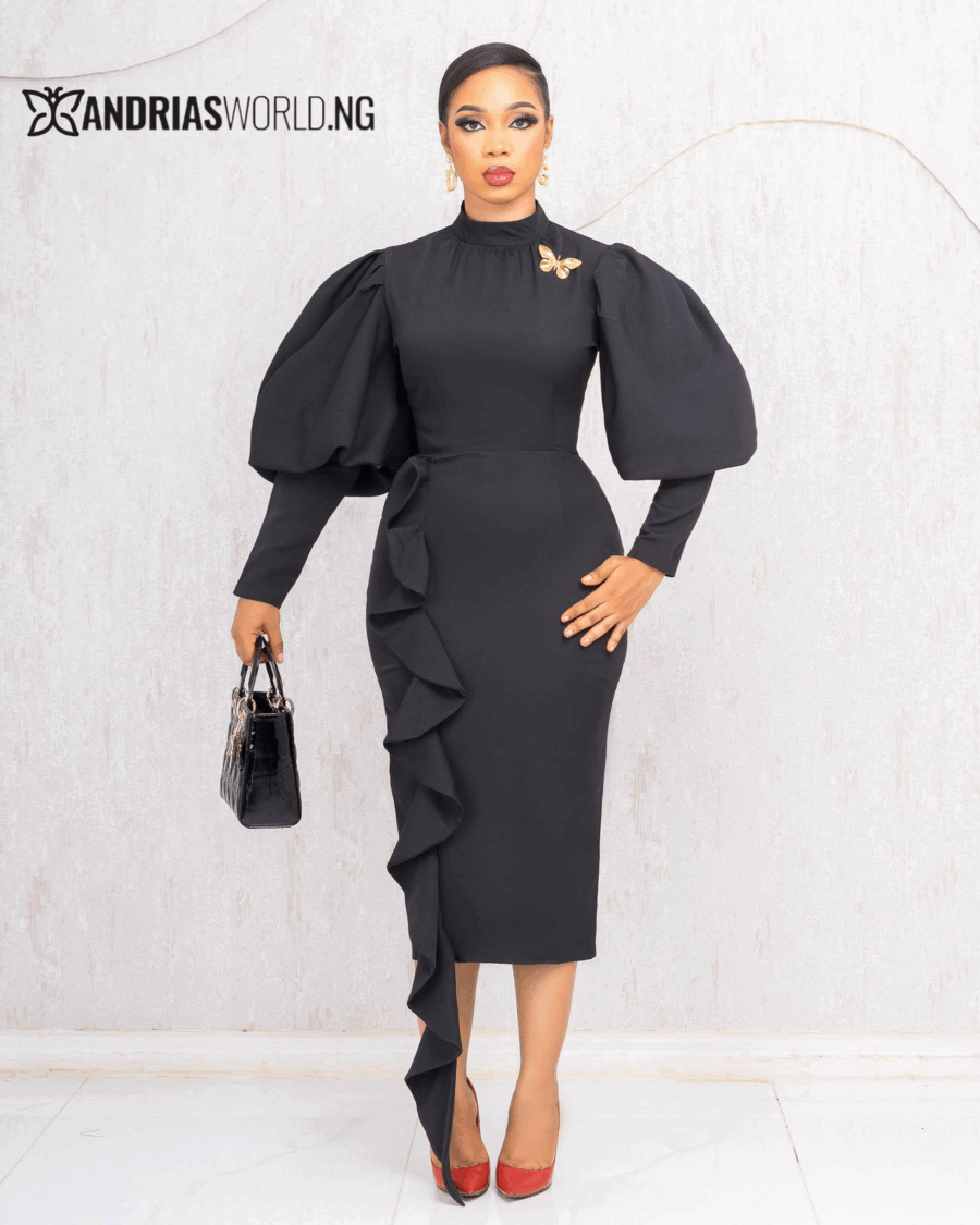 BLACK MIDI DRESS WITH SIDE FRILLS (EXCLUDING BROOCH)